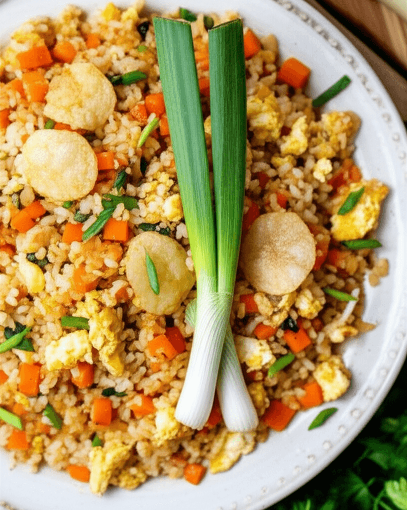 A plate of egg fried rice with crushed potato chips and sliced green onions.