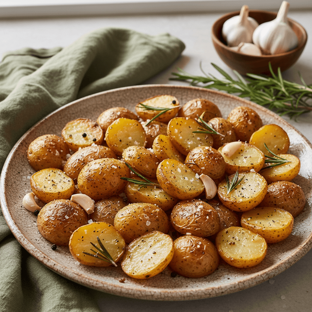 Lėkštėje patiektos auksinės spalvos keptos bulvės su smulkintais rozmarinais ir česnaku.