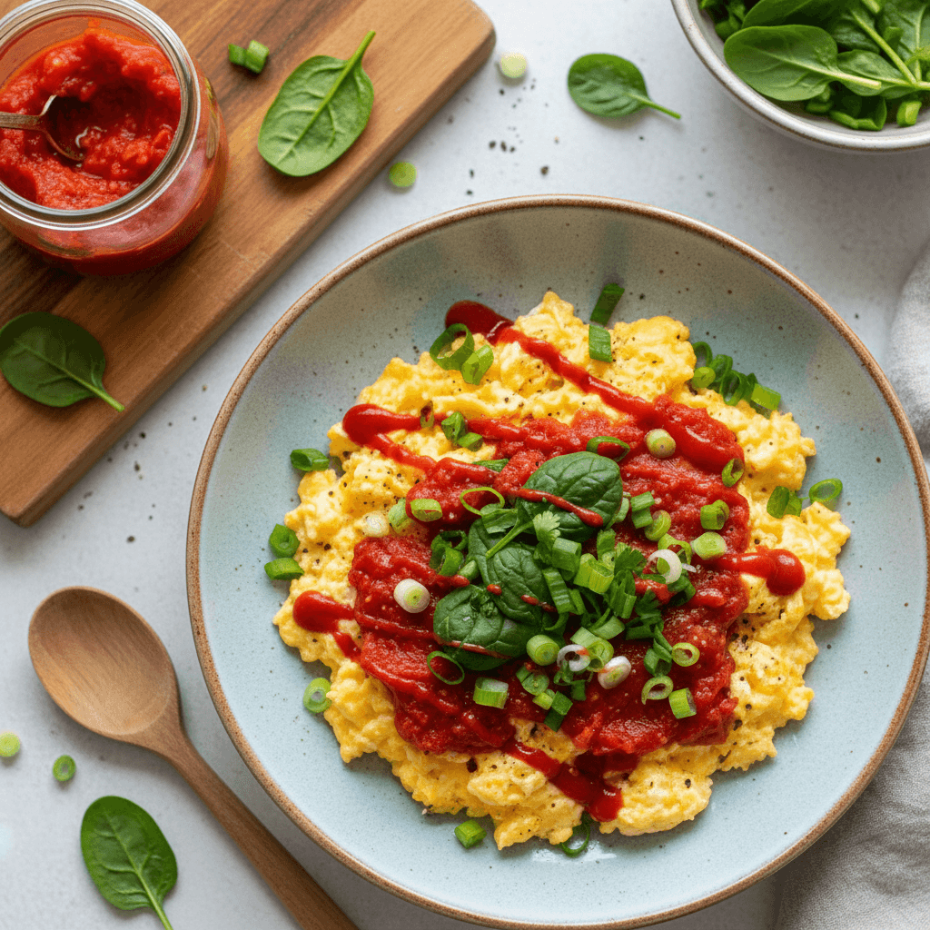 Kiaušinienė su raudona salsa ir žaliomis daržovėmis keptuvėje.