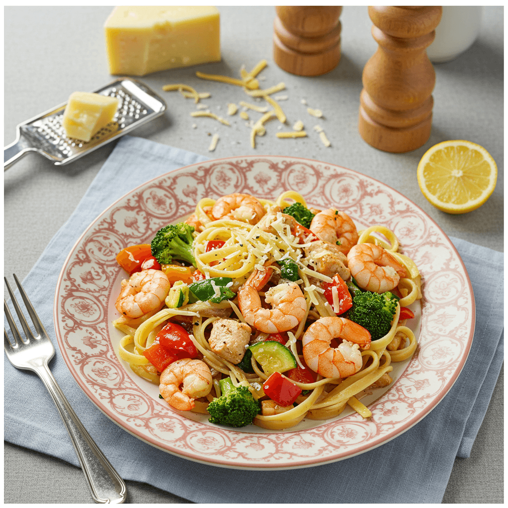 Pasta su vištiena, krevetėmis ir daržovėmis