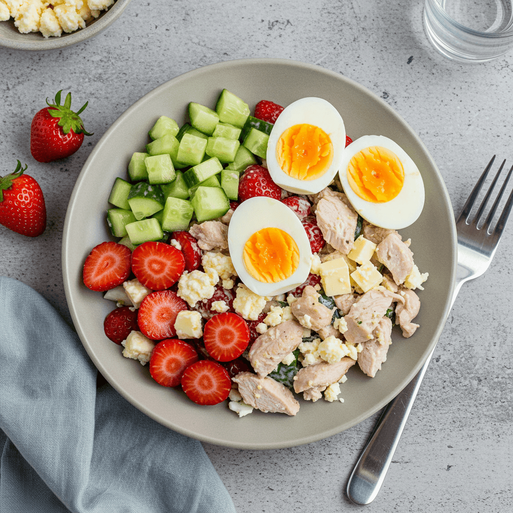 Chicken, strawberry, cucumber, and cheese salad with hard-boiled eggs
