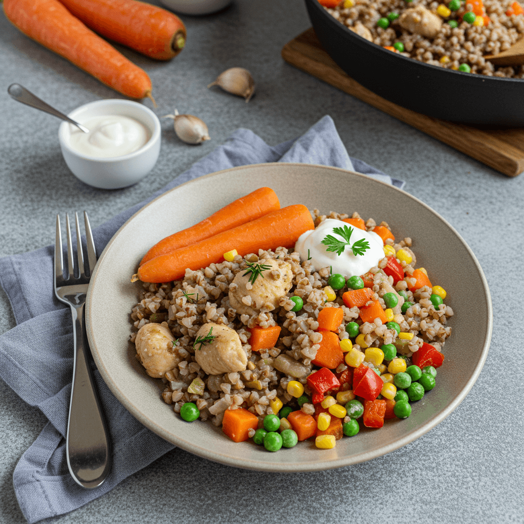 Creamy chicken and buckwheat dish with vegetables