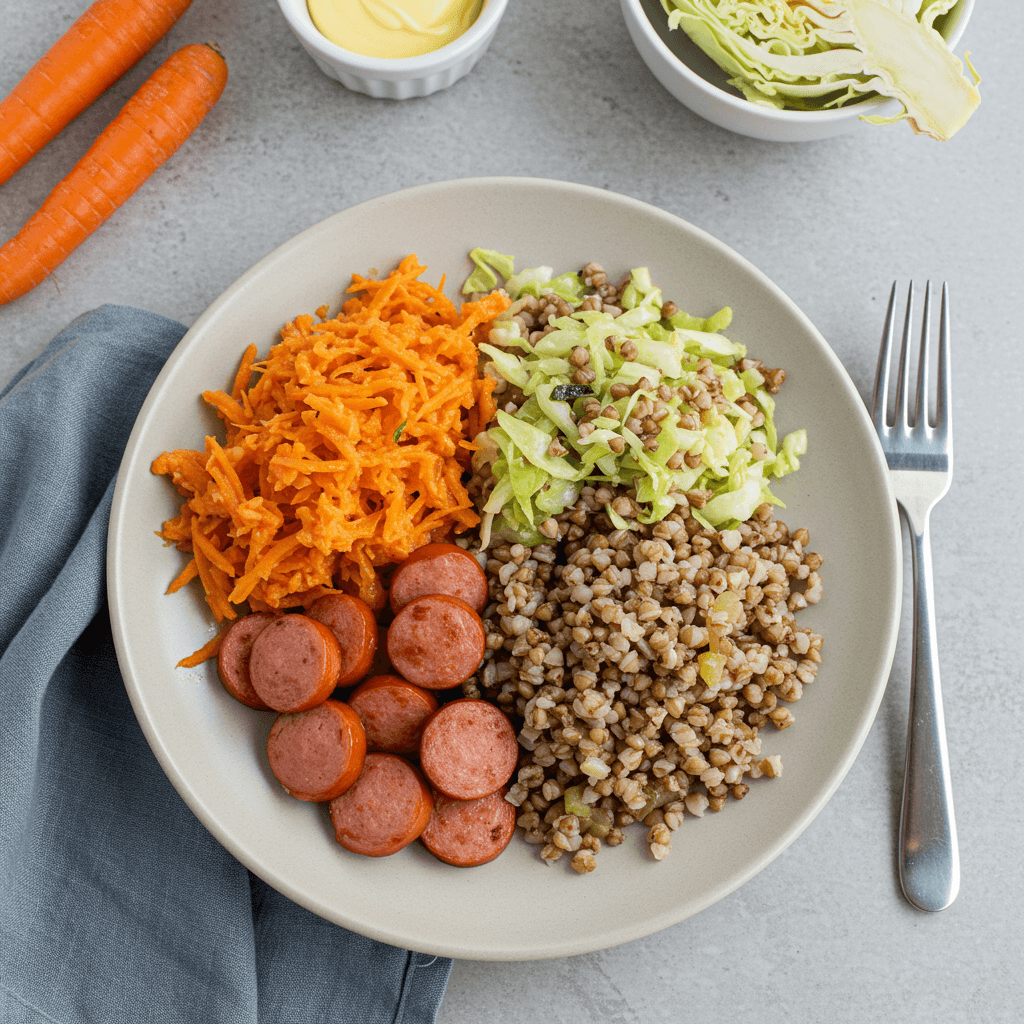 Hearty breakfast bowl with buckwheat, sliced sausages, grated carrots, and shredded cabbage.