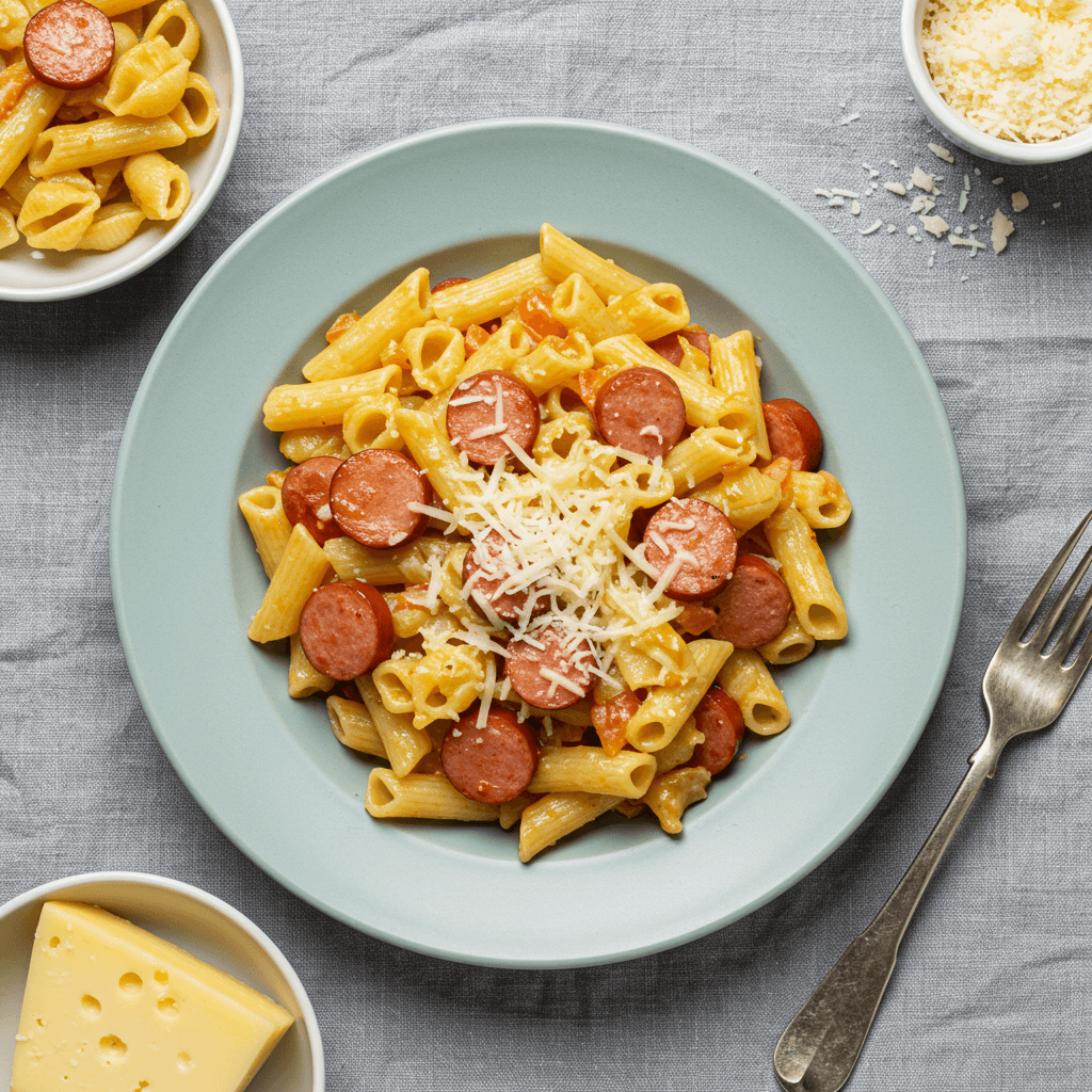 Simple pasta with sliced sausages, melted cheese, and butter