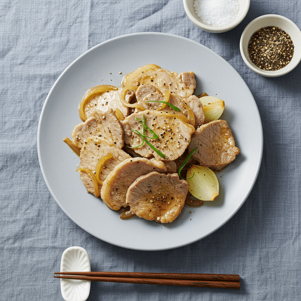 Pan-fried pork slices in a pan