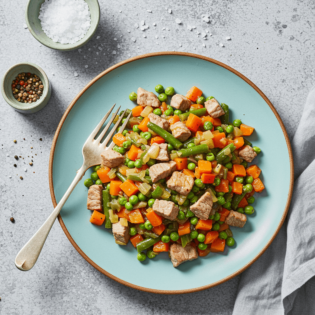 A colorful plate of pork and vegetable stir-fry