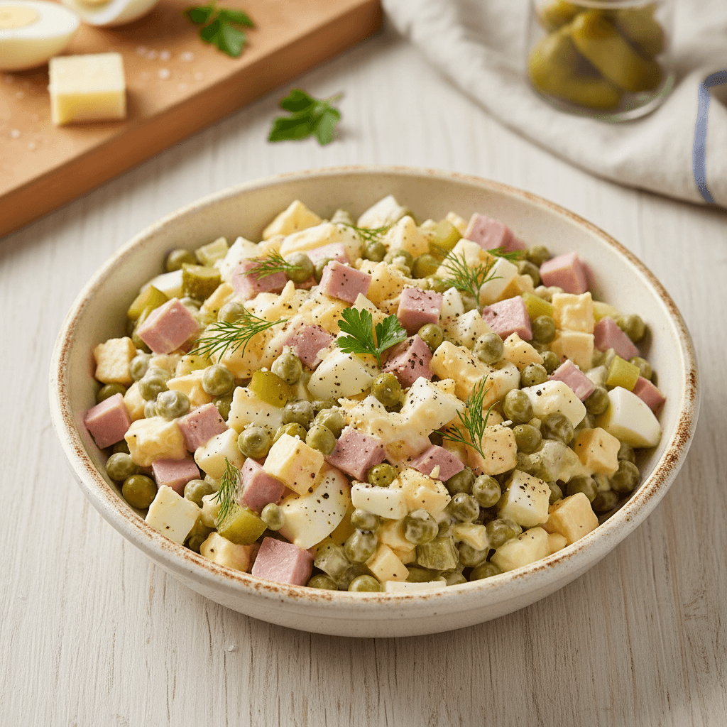 Sočios kiaušinių salotos su kumpiu ir sūriu