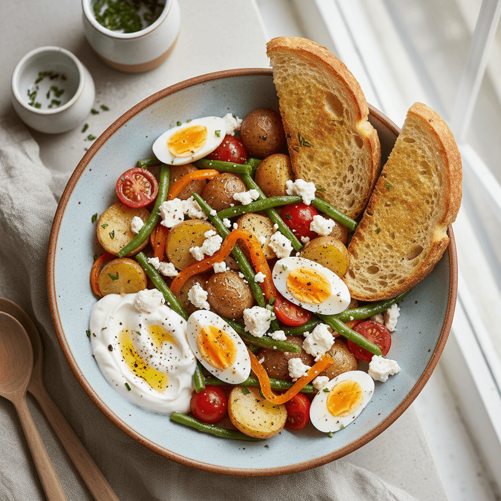Warm potato salad with boiled eggs, green beans, bell pepper, tomatoes, and feta cheese, served on a plate.