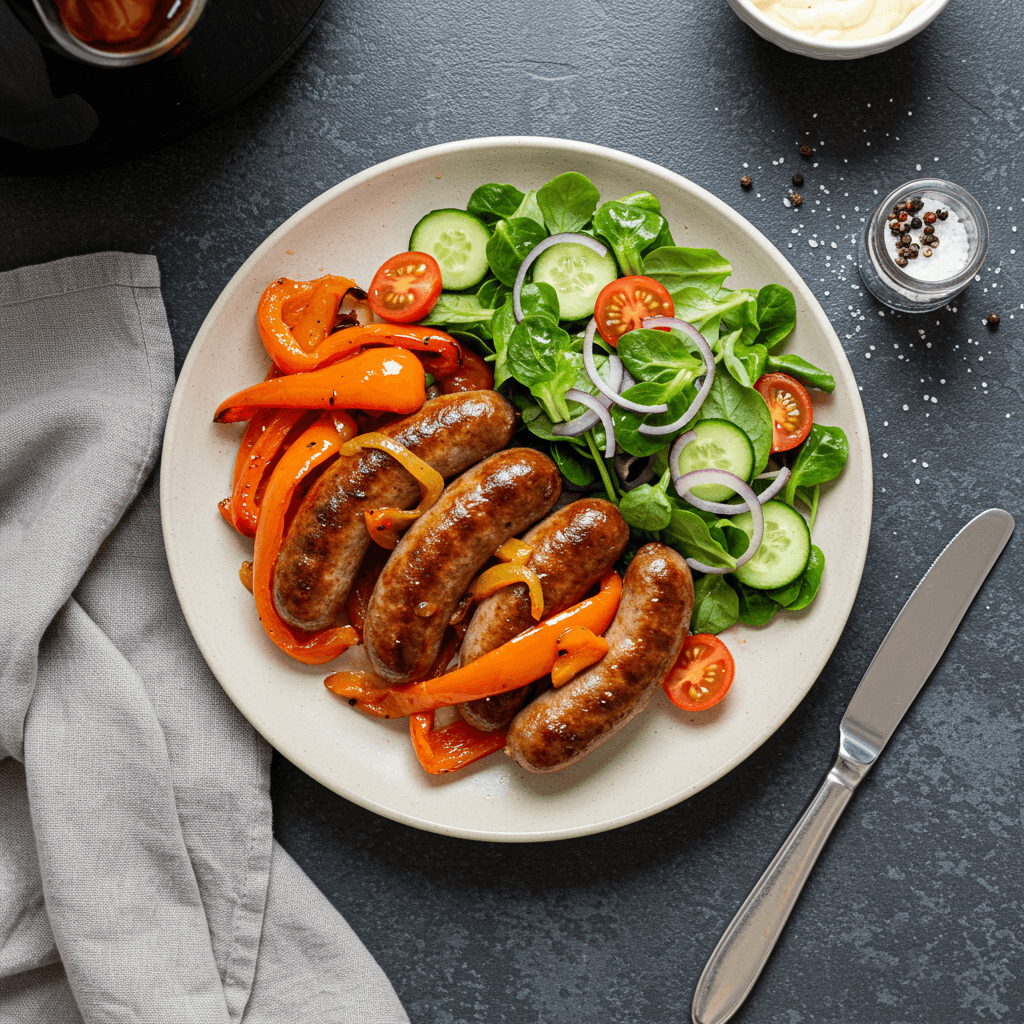 Air Fryer Sausages with Roasted Peppers and Salad