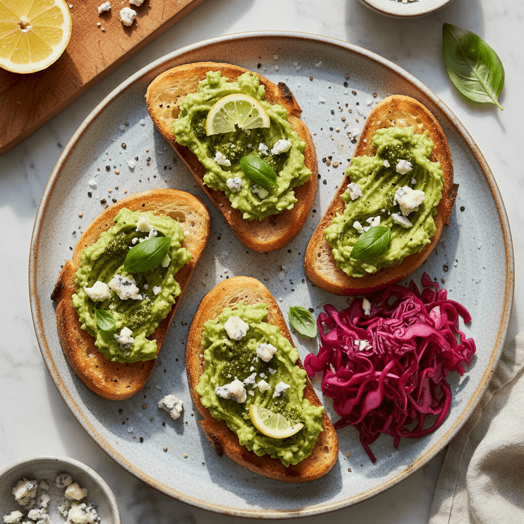 Du traškūs avokado skrebučiai su žalios spalvos avokadų mase, pesto ir trupintu mėlynuoju sūriu, papuošti raudonais marinuotais kopūstais.