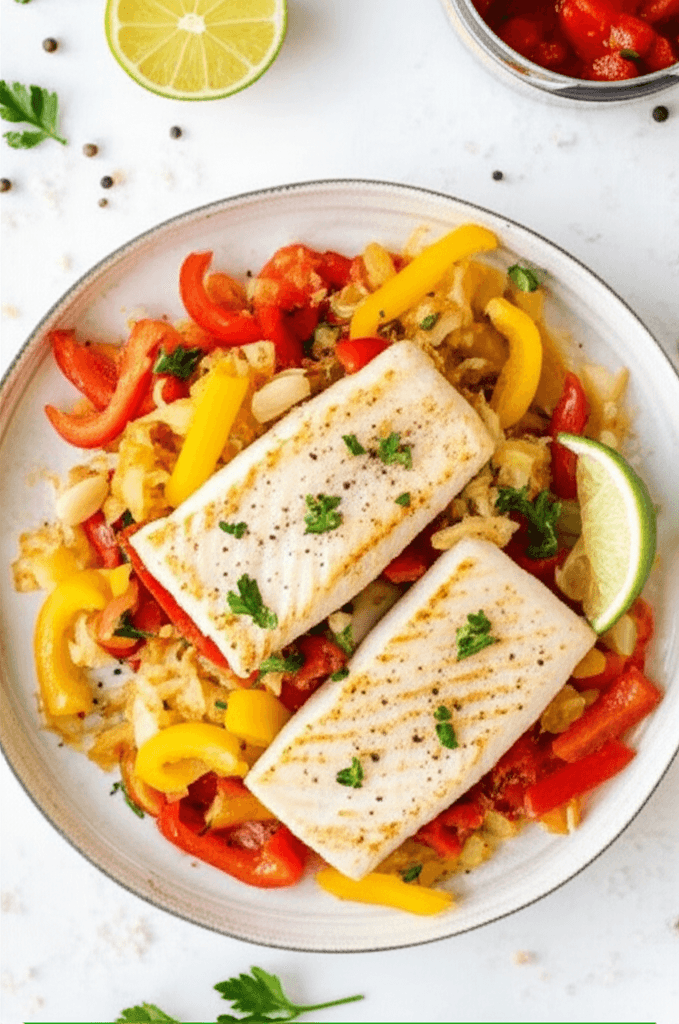 A plate with baked fish, colorful vegetables, and fresh parsley.