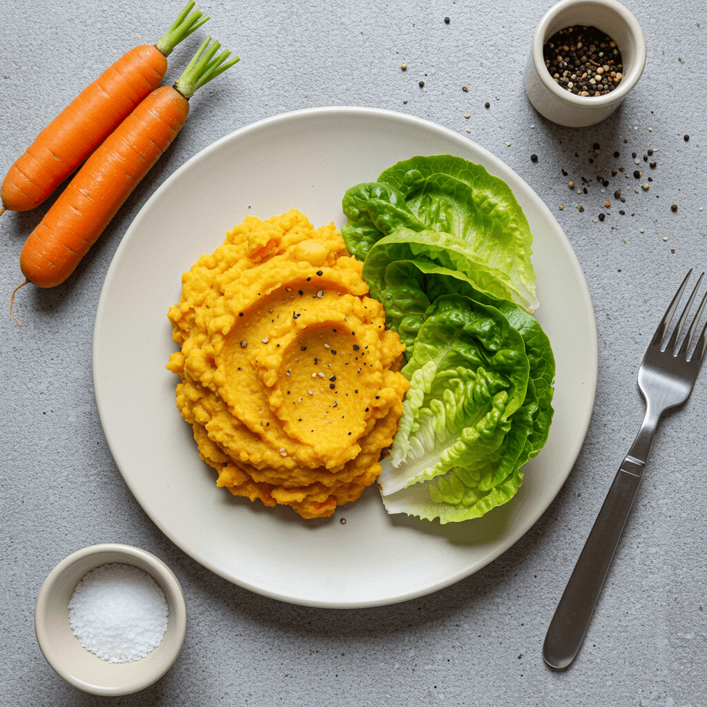 Simple mashed carrots and potatoes with fresh lettuce leaves
