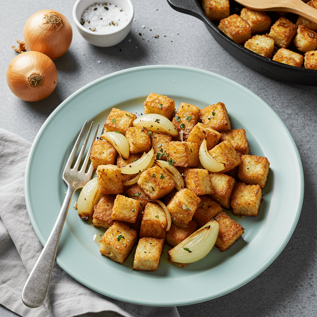 Simple pan-fried bread and onion dish in a skillet