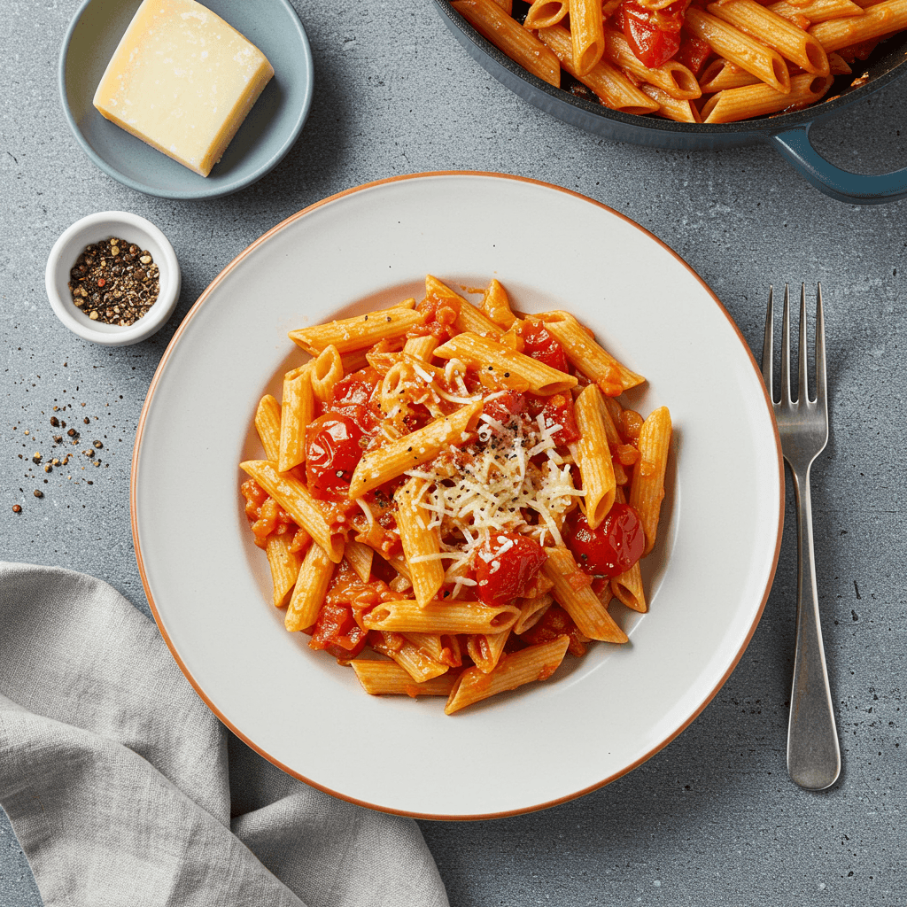 Close-up of a bowl of budget pasta with a rich red tomato sauce and melted grated cheese, garnished with fresh herbs.