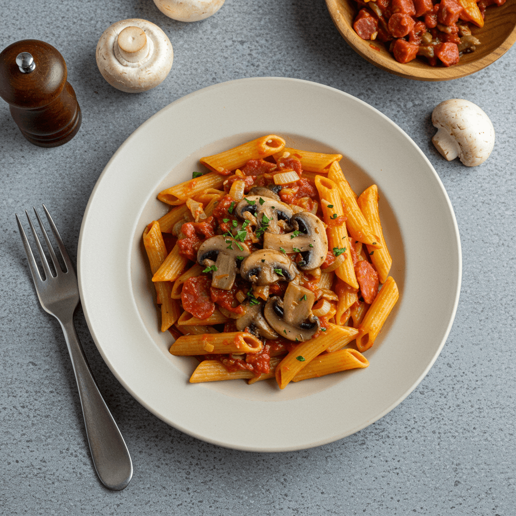 Budget Salami Mushroom Tomato Pasta Dinner
