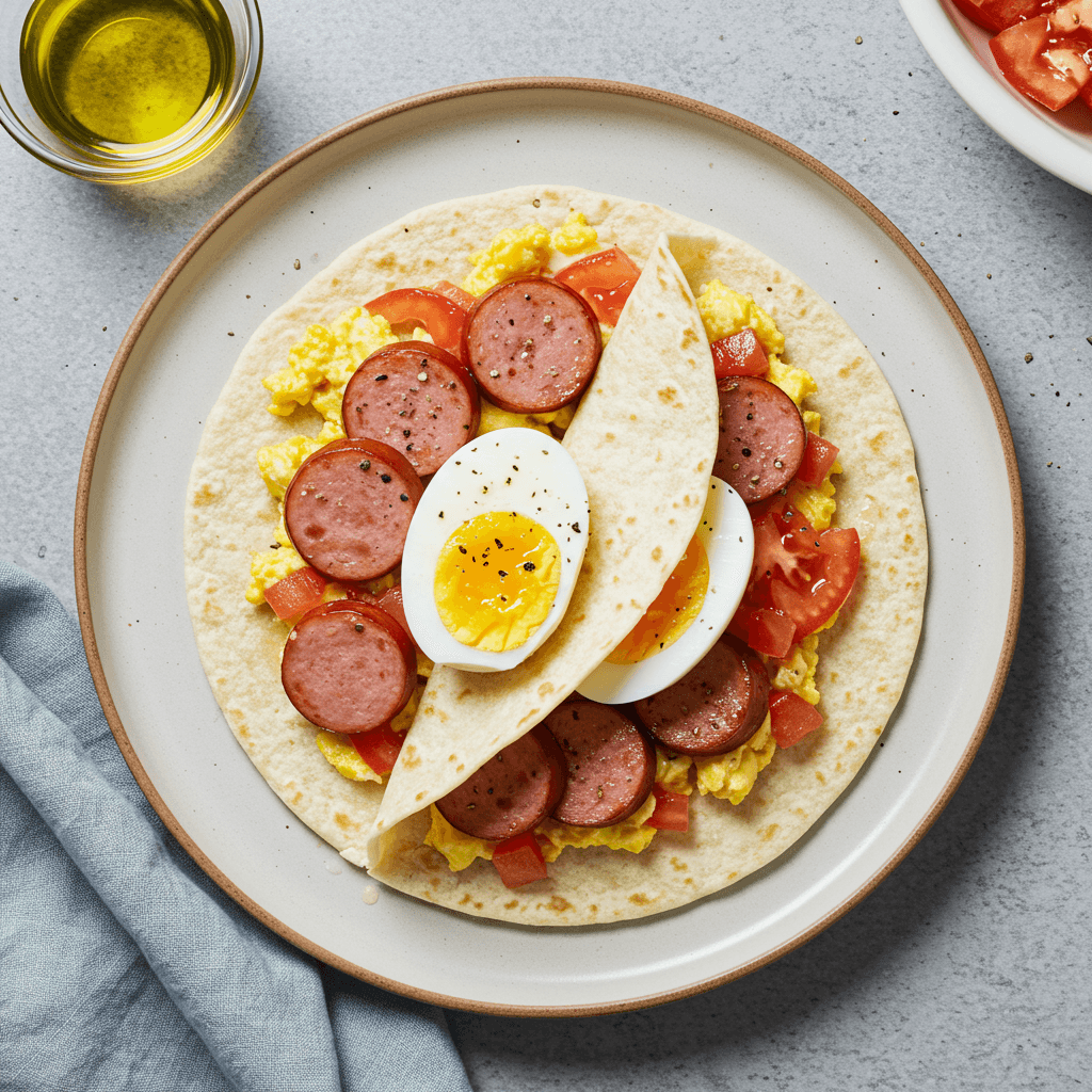 Budget Sausage Egg and Tomato Breakfast Wrap
