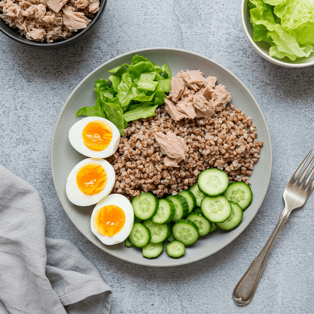 Healthy tuna and buckwheat bowl with egg, cucumber, and lettuce
