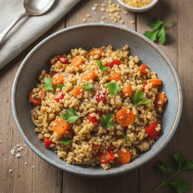 Bulguro košė su daržovėmis ir šviežiomis petražolėmis, patiekta šviesiame dubenėlyje.