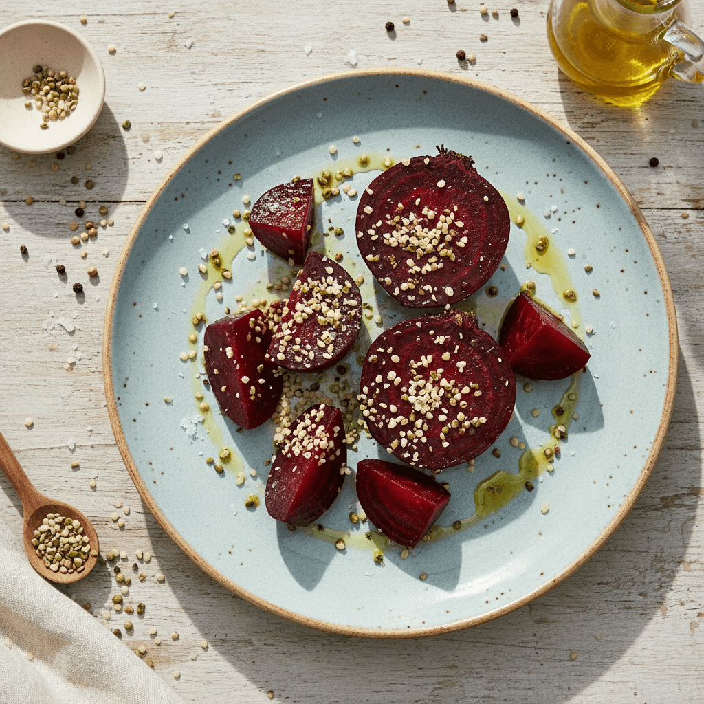 Ryškiai raudonų burokėlių griežinėliai, pabarstyti kanapių sėklomis, sudėti lėkštėje.