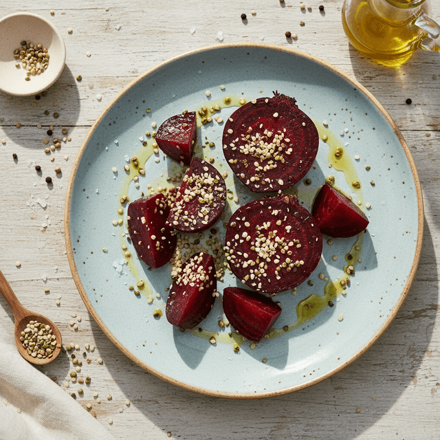 Ryškiai raudonų burokėlių griežinėliai, pabarstyti kanapių sėklomis, sudėti lėkštėje.