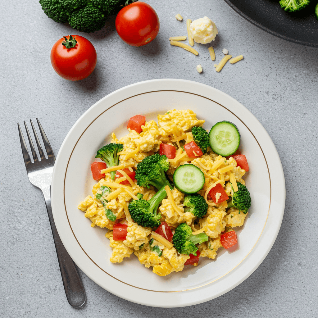 Cheesy Egg Scramble with Broccoli and Tomato