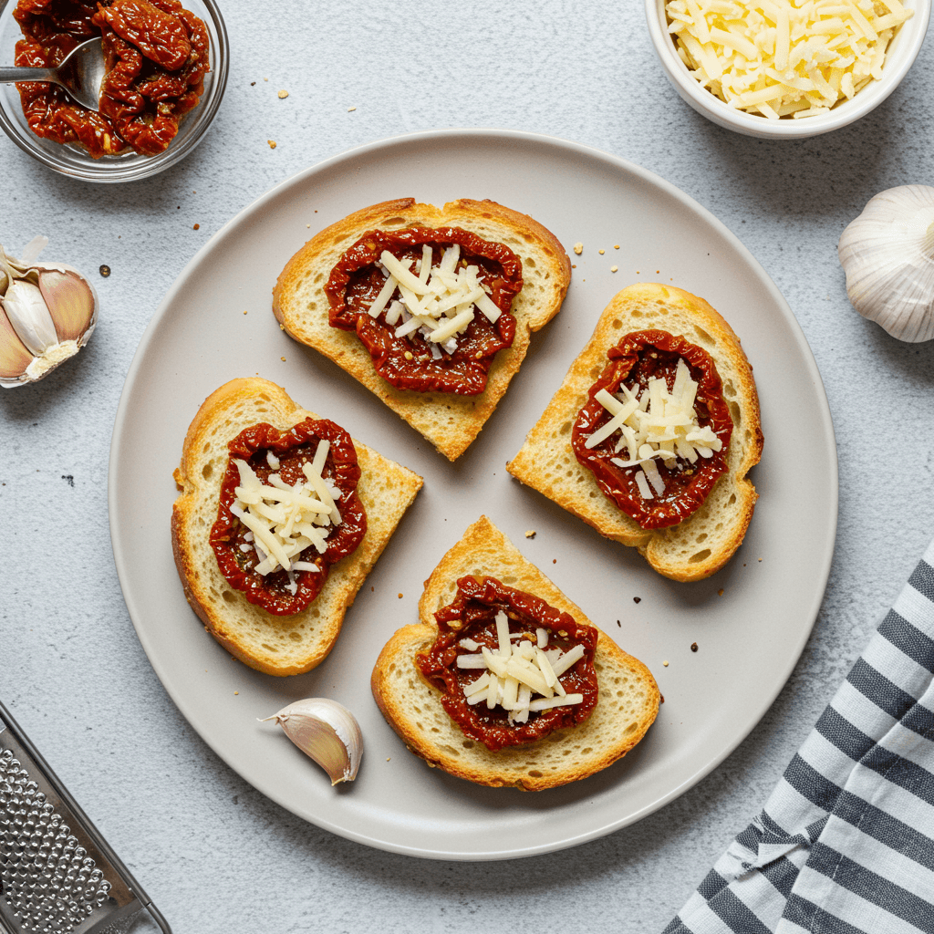 Golden brown cheesy garlic sun-dried tomato toast snack
