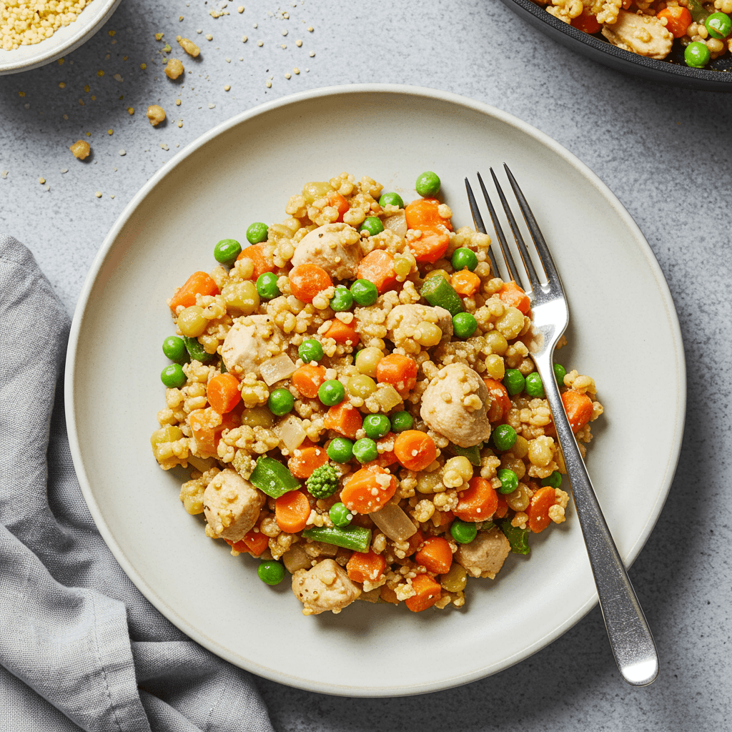Skillet dish with chicken, millet, and colorful frozen vegetables