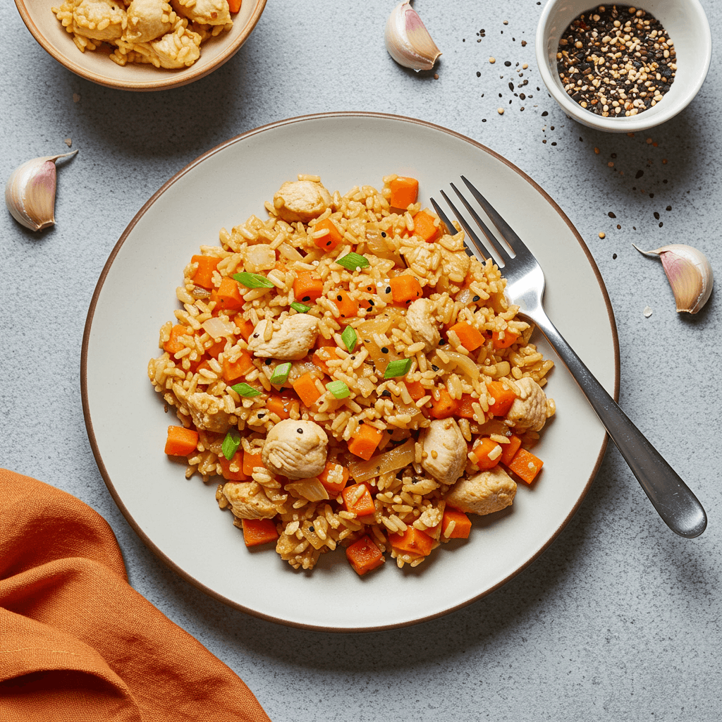 Small chicken and rice stir-fry with carrots and onions in a pan.