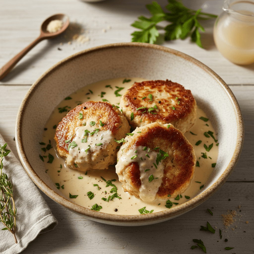Chicken Thigh Patties with Creamy Sauce, garnished with fresh parsley