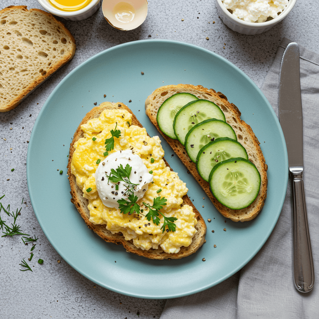 Cottage Cheese Scramble with Fresh Cucumber Toast