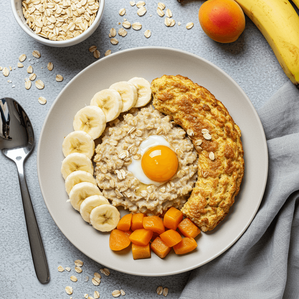 Egg-enriched oatmeal topped with sliced banana and diced apricot in a bowl