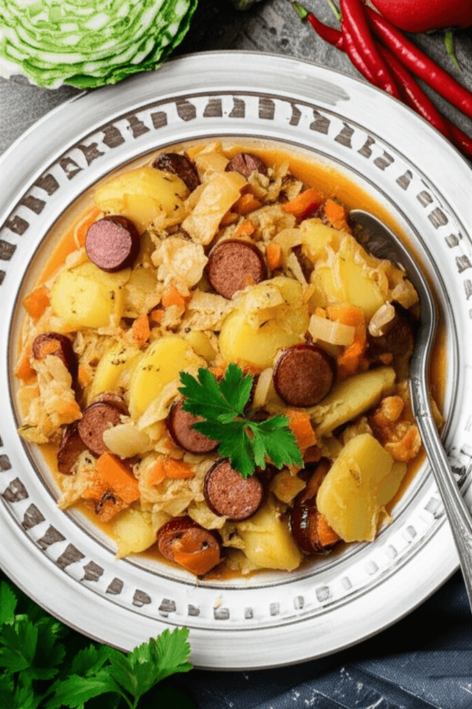 A delicious fresh cabbage and sausage stew with potatoes in a large bowl, perfect for a hearty dinner.