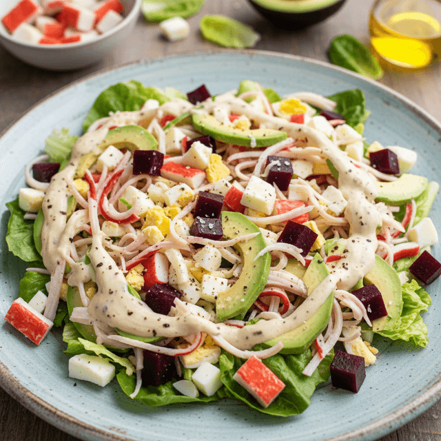 Spalvingos krabų lazdelių salotos su burokėliais, avokadu ir kiaušiniais, patiektos stikliniame dubenyje.