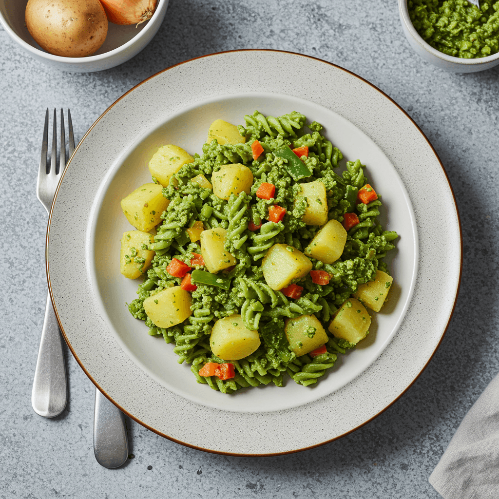 Green Mince Pasta with Potatoes and Veggies Lunch