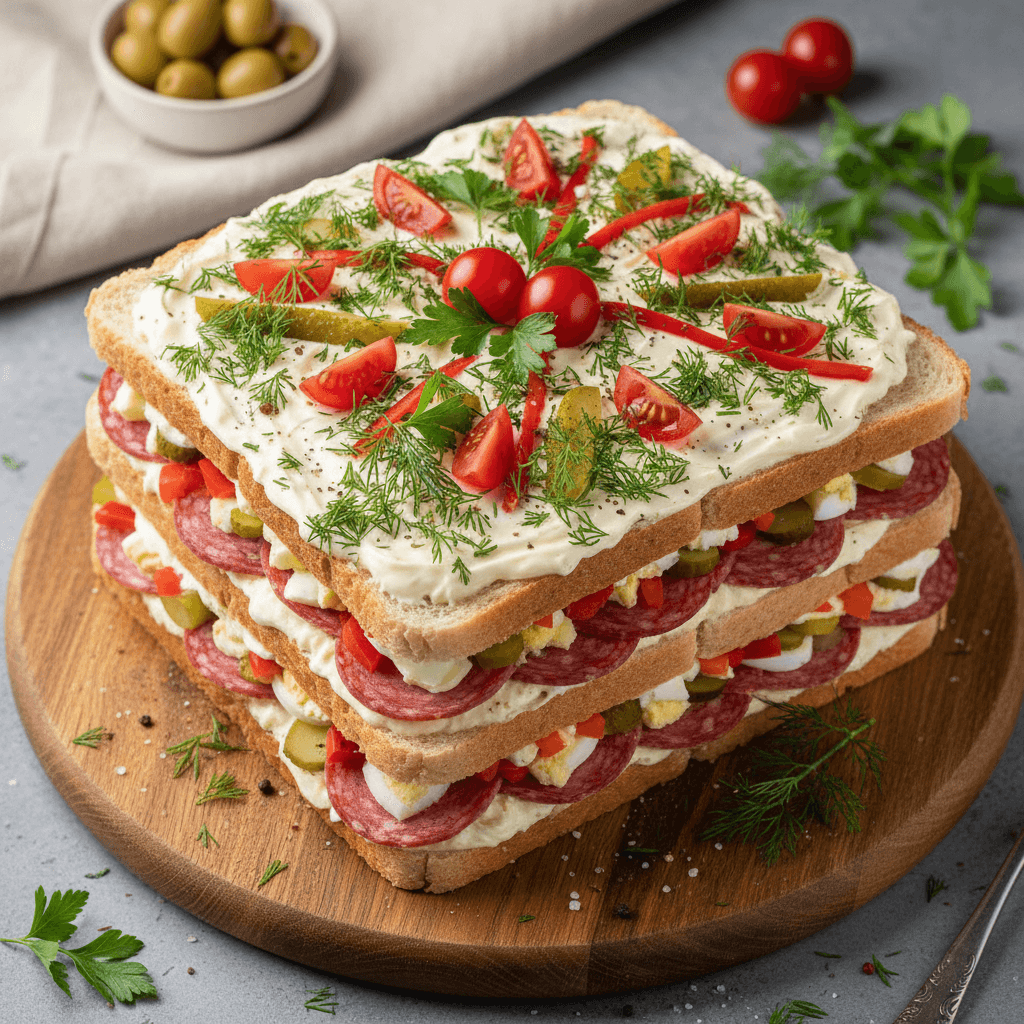 Sluoksniuotas sumuštinių tortas, papuoštas žalumynais ir saliami, pjaustytas į gabalėlius.