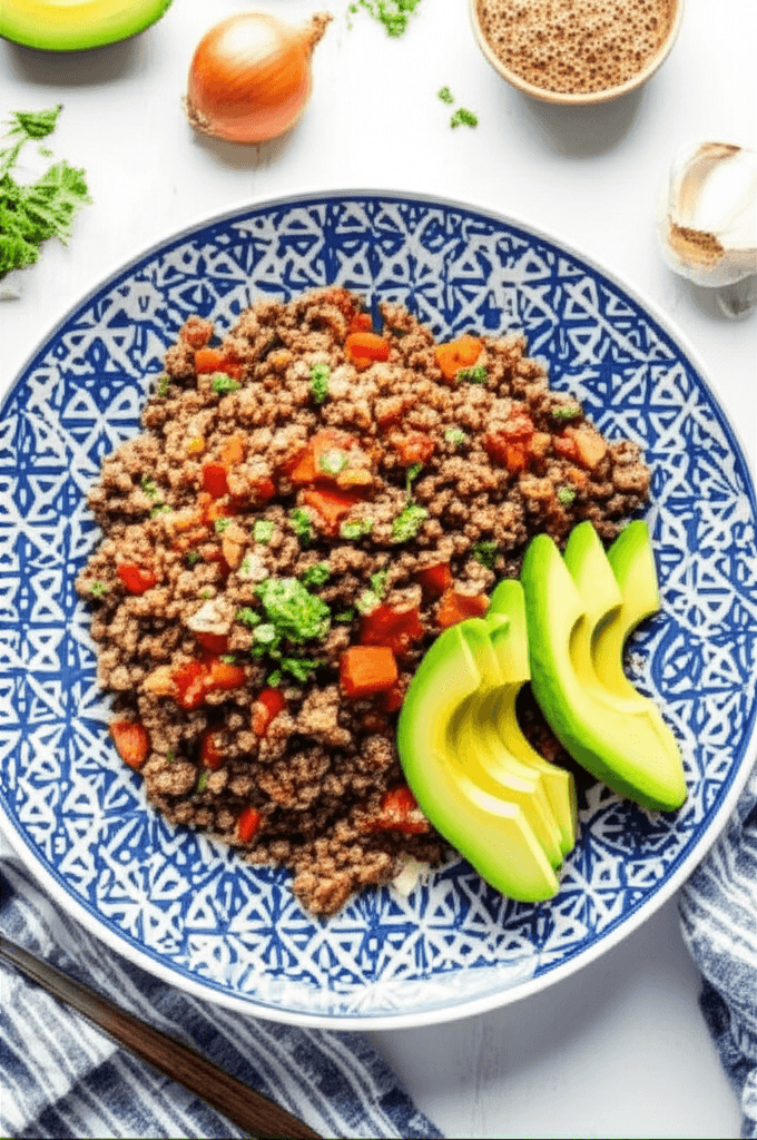Ground Meat and Buckwheat Bowl with Avocado
