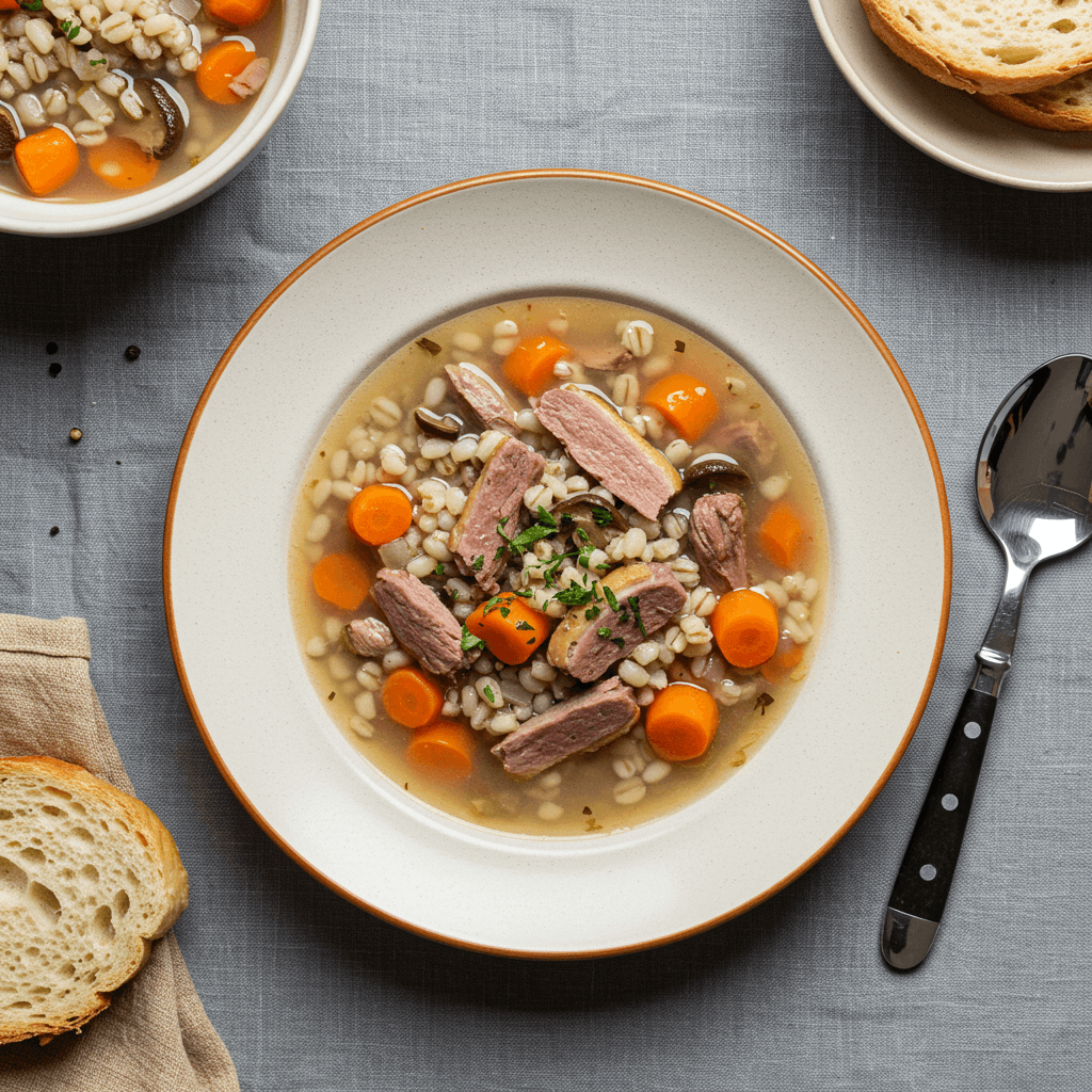 Hearty duck and porcini pearl barley soup