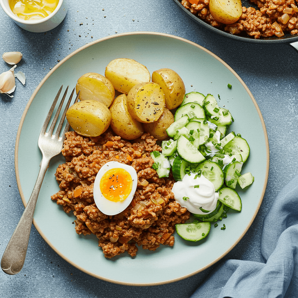 A rustic skillet dish with minced meat and potatoes, served alongside a creamy cucumber and dill salad.