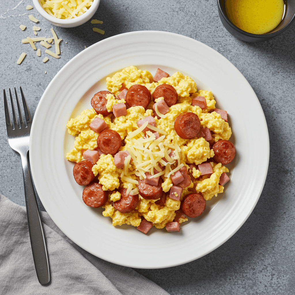 Close-up of a hearty scramble dish with pieces of sausage, ham, cheese, and eggs in a pan.