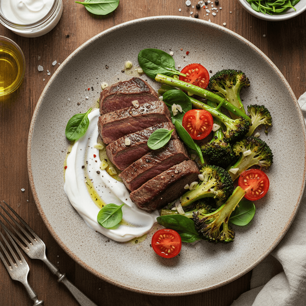 Kepta mėsa su brokoliniais kopūstais, vyšniniais pomidorais ir grietinės padažu, patiekta lėkštėje.