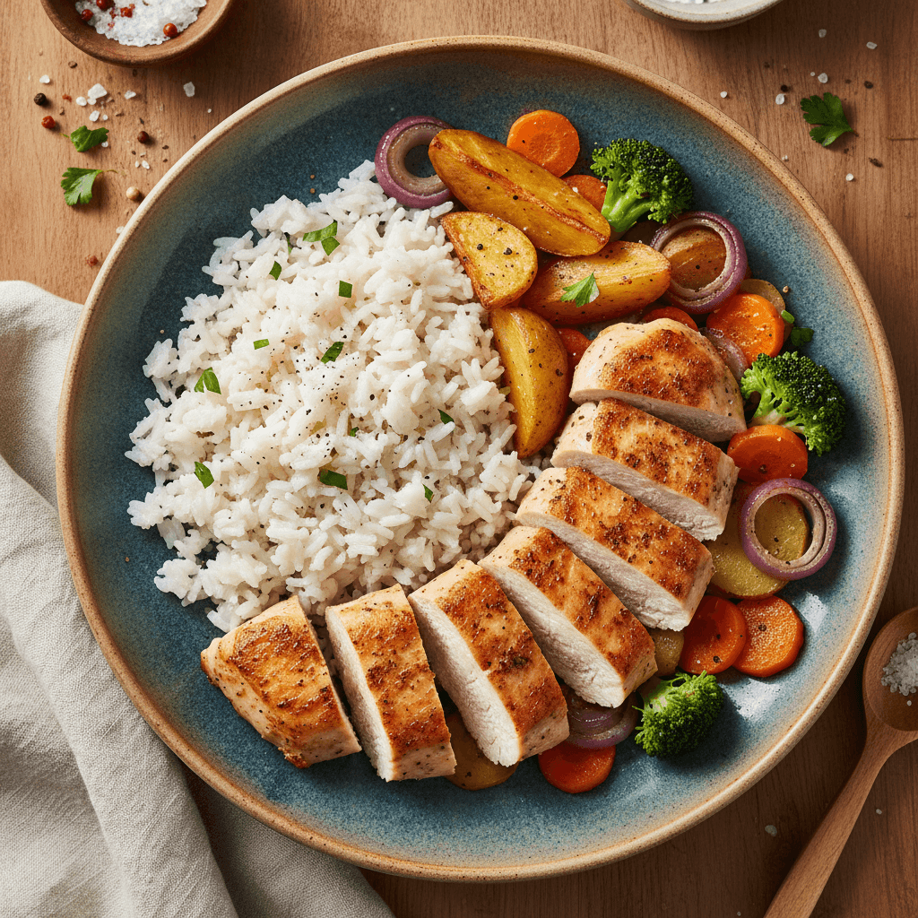 Kepta vištienos filė su apskrudusiomis bulvėmis, morkomis, brokoliais ir puriais ryžiais lėkštėje.