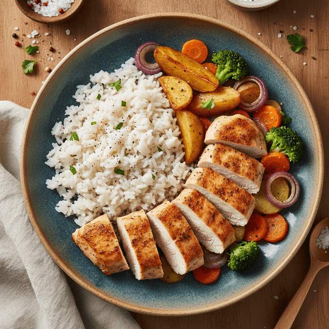 Kepta vištienos filė su apskrudusiomis bulvėmis, morkomis, brokoliais ir puriais ryžiais lėkštėje.