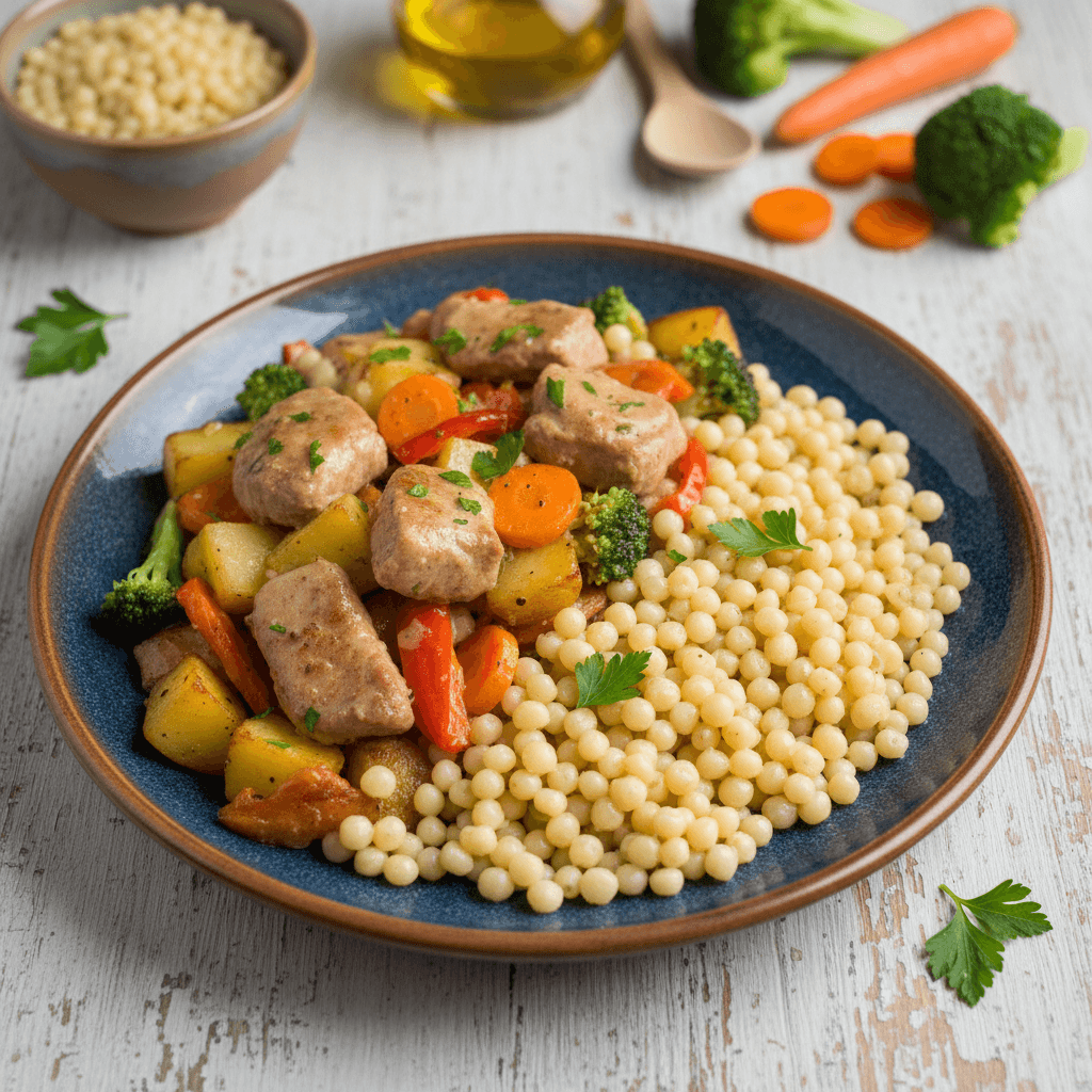 Lėkštė su kiaulienos ir spalvotų daržovių troškiniu bei perlinio kuskuso garnyru.