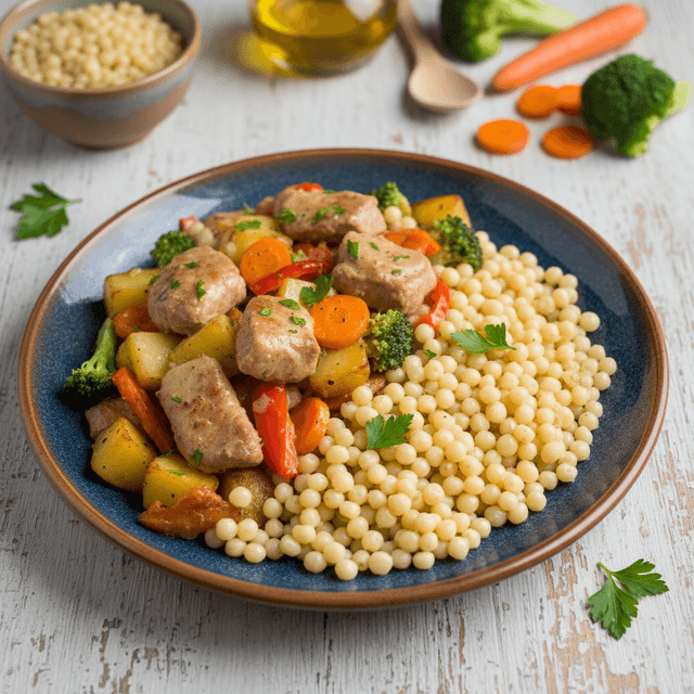 Lėkštė su kiaulienos ir spalvotų daržovių troškiniu bei perlinio kuskuso garnyru.