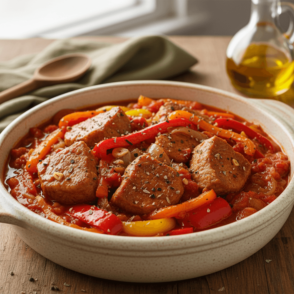 Kiaulienos troškinys su paprika ir pomidorais