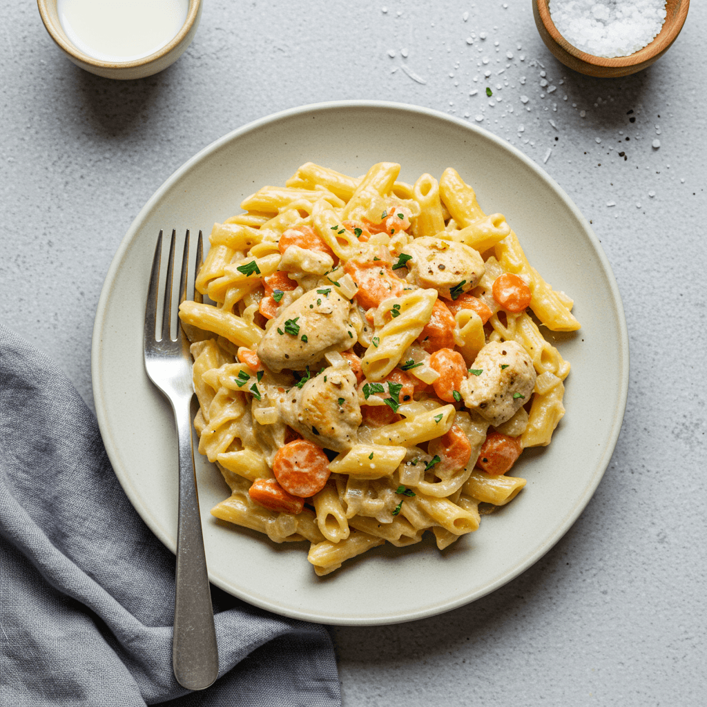 Kreminė Vištienos Pasta su Morkomis ir Svogūnais