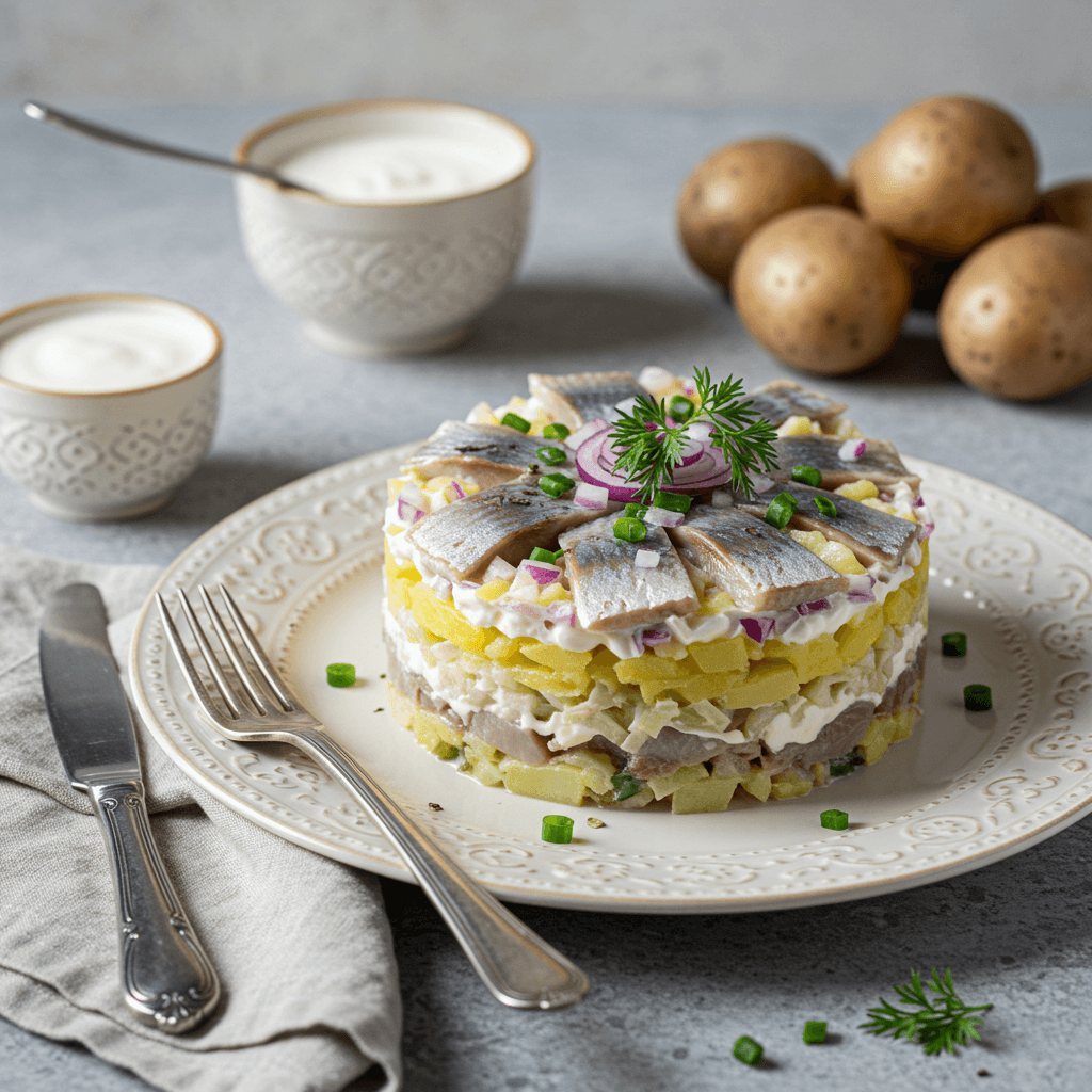 Layered potato and herring salad with kefir dressing