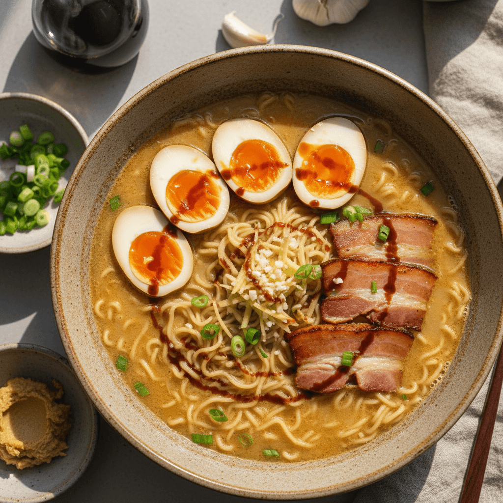 A rich bowl of miso ramen with chicken broth, noodles, bacon, boiled eggs, mushrooms, and green onions, ready to eat.