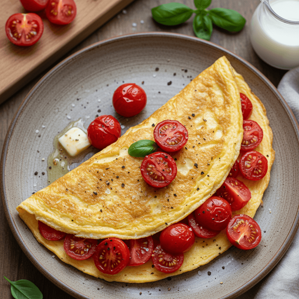 Purus omletas su šviežiais raudonais pomidorų gabalėliais, patiektas lėkštėje.