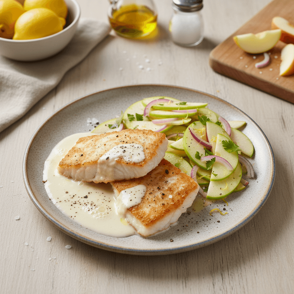 Pan-Fried Fish with Cream Sauce and Apple Salad